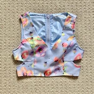 Light Blue Floral Cutout Crop Top